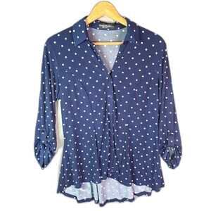 Knapp Studio Button Up Tunic Navy Polka Dot L High Low Hem Roll Tab